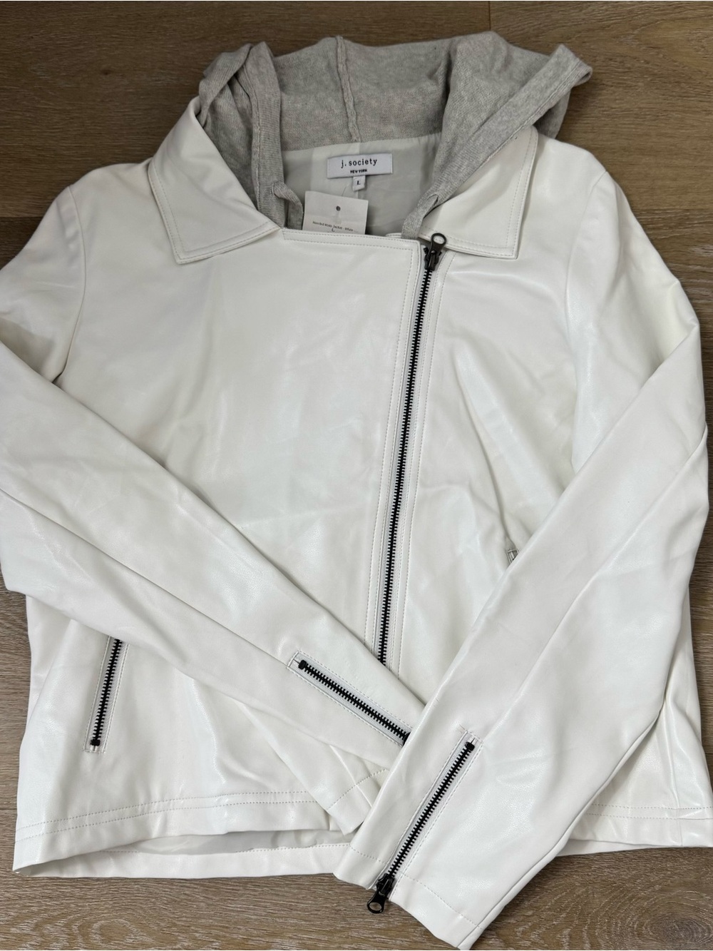 J. Society White Faux Leather Moto Jacket with Gray Hood